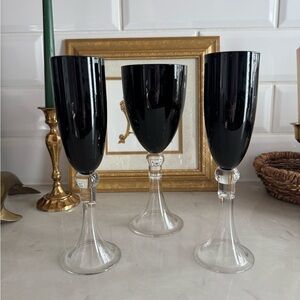 Vintage Pier 1 Dante Flute 2 Black Champagne and 1 Water&Wine Glasses 9 1/8”